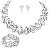 EVER FAITH Austrian Crystal Bridal Cream Simulated Pearl Leaf Jewelry Set Clear