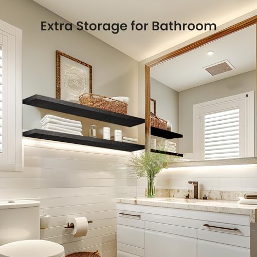 AMADA HOMEFURNISHING Floating Wall Shelves, Wall Shelves for Bathroom/Living Room/Bedroom/Kitchen, Set of 3 Black Wall Shelves with Invisible Brackets - AMFS07