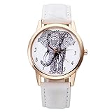 Top Plaza Black and White Sketch Elephant Dial Arabic Numerals Scale Rose Gold Case Leather Band Analog Quartz Wrist Watch-White