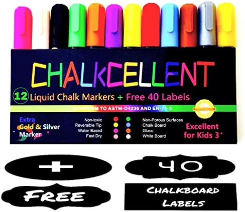 Liquid Chalk Markers - Pack of 12 Erasable Glass And Window Neon Color Pens Including Gold And Silver With Reversible 6mm Bullet And Chisel Fine Tip And 40 Free Chalkboard Labels