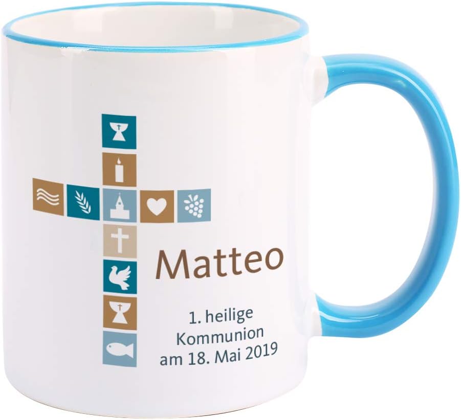 Amazon De Herz Heim Kaffeetasse Zur Kommunion Konfirmation Firmung Mit Aufdruck Des Namens Und Wunschtext Fur Jungen