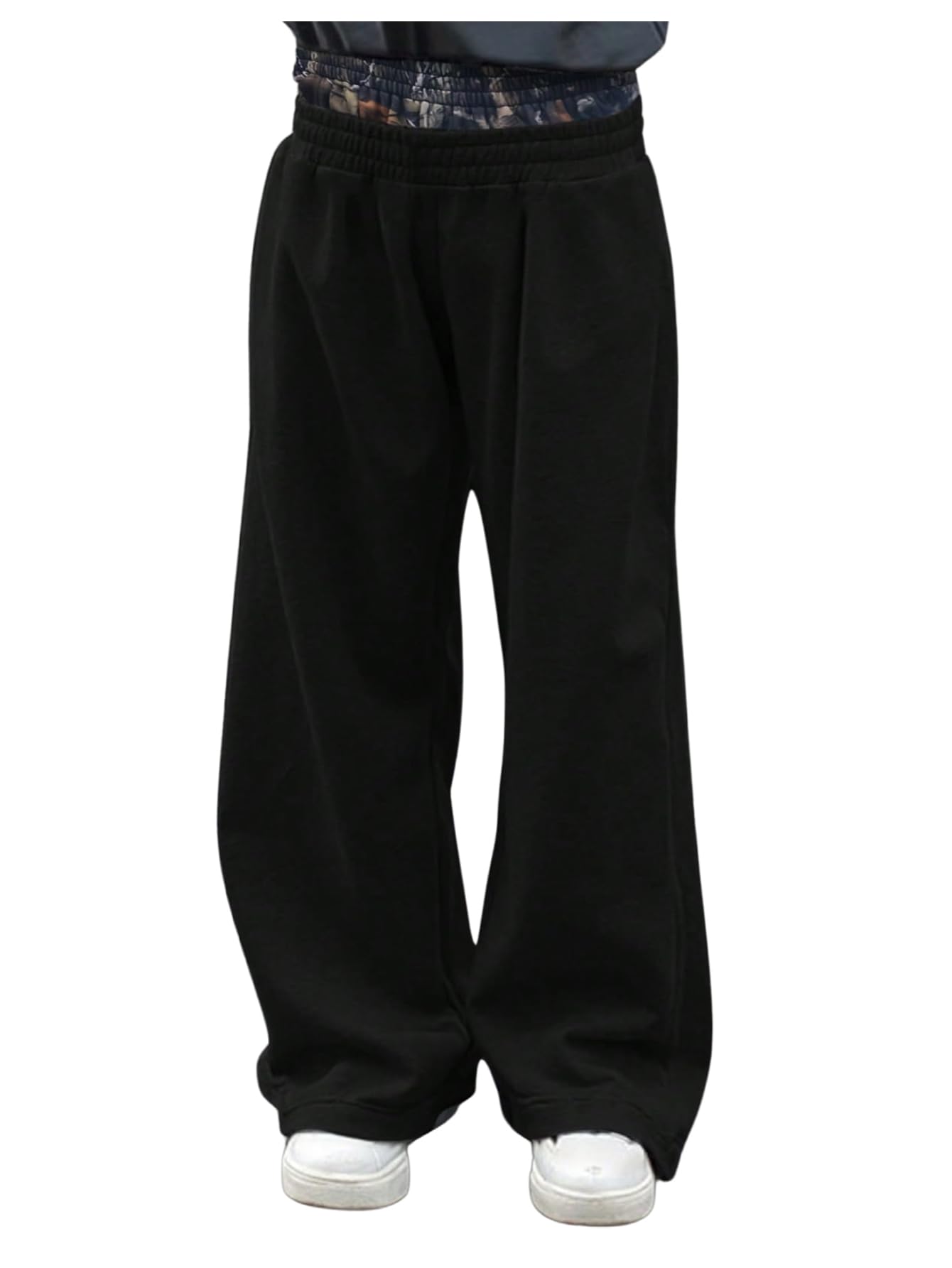 Photo 1 of RoseSeek Men's Elastic Double Waist Patchwork Sweatpants Wide Leg Baggy Track Pants Vintage Streetwear Black Medium