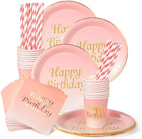 Rose Gold Happy Birthday Decorations Party Supplies Napkins,Cups,Plates,Straws - 24 Sets (Happy Birthday)
