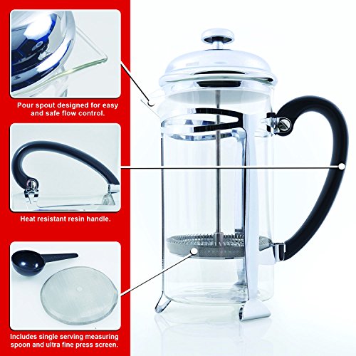 Best French Press Coffee Maker (Ultra Fine Filtration)  1 Liter (34 Ounce) Brews 4 Cups of Coffee, Extra Fine Stainless Steel Filtration, Cafetiere, Extras Included! - Thumbnail 2