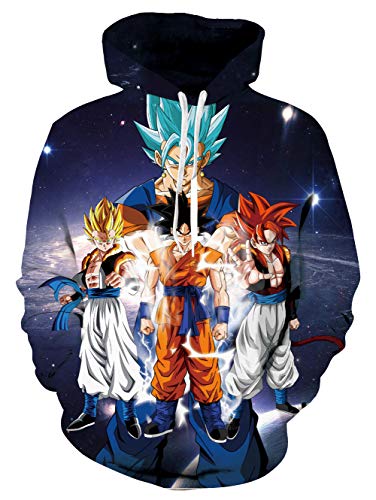 Digital Printing Drawstring Hoodies Hip Hop Loose Pullover Sweatshirt Brilliant Navy Purple Dragon Ball Z Goku Vegeta Super Saiyan Long Sleeve Hooded Tops Shirt with Big Pocket for Fall Autumn