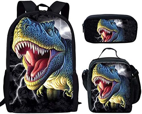 Hugs Idea 恐竜 ティラノサウルス バックパックセット 3点セット キッズスクールバッグ 断熱ランチバッグ ペンシルケースセット 10代の男の子用