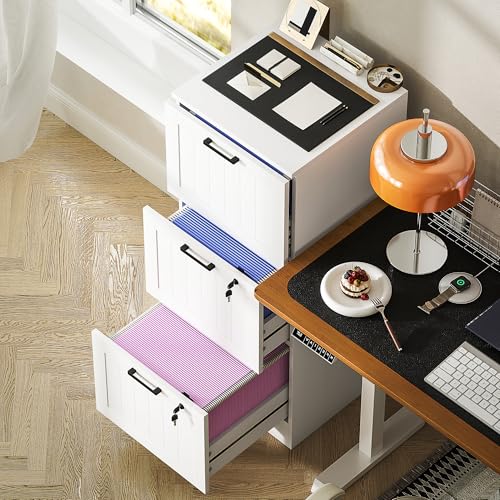 HOMCOM 3 Drawer File Cabinet with Lock, Vertical Filing Cabinet with Adjustable Hanging Bars for A4 and Letter Size File Folders, Printer Stand with Storage for Home Office, White