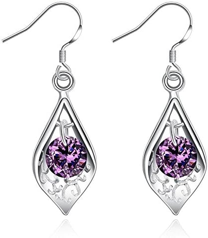 Purple Austrian Crystal Zircon Wedding Leaf Shaped Pierced Dangle Silver Earrings