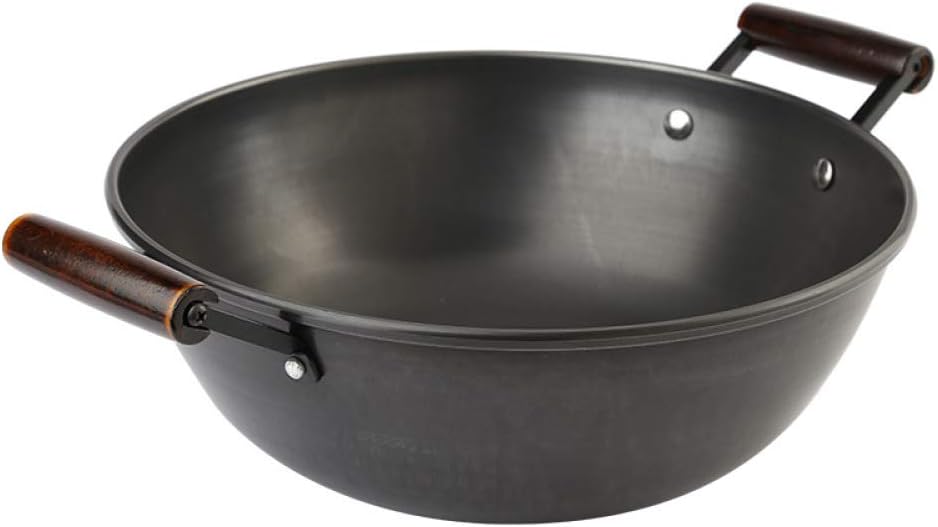 Pre-Seasoned Cast Iron Wok - Non Stick Frying Pan,Cast Iron Shallow Concave Wok,Traditional Hand Hammered Wok,40 Cm Handmade And Durable, Black,Wide Handles,40cm