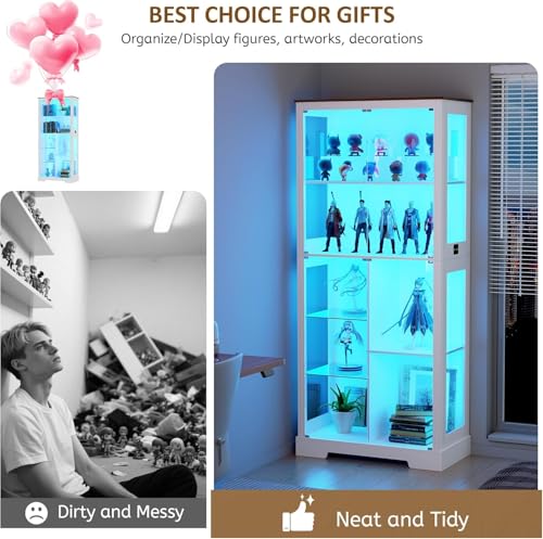 180cm Tall Display Cabinet with Glass Doors, Modern Curio Cabinet with 3 Color Lights, 7-Tiers Glass Display Cases for Collectibles, Tall Lego Storage Cabinet with Human Body Sensor (White)