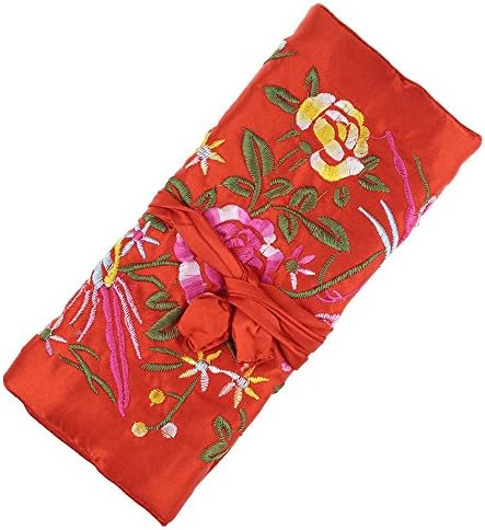 Jewelry Roll,Travel Jewelry Roll Bag,Silk Embroidery Brocade Jewelry Organizer Case with Tie Close,Red