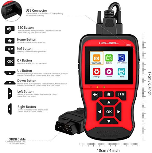 KOLSOL Code Reader OBDII Scan Tool for Universal Vehicles EOBD Automotive Scanner Diagnostic Tool KS501 (KS04-Red)