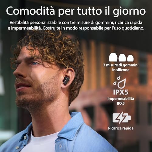TAT6100BK Auricolari True Wireless con Custodia di Ricarica Intelligente – Cancellazione del rumore, 4 microfoni, bassi dinamici, 28 ore di autonomia, Bluetooth 5.4, IPX5, comandi touch – Nero