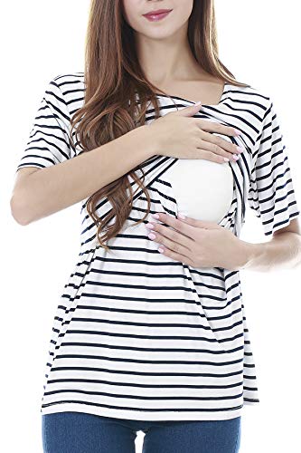 Smallshow 3 Pcs Maternity Nursing T-Shirt Nursing Tops White Stripe-Black-Grey Large