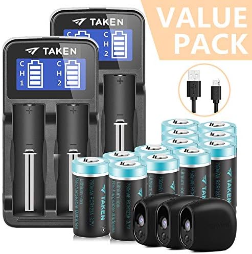 Taken CR123A Lithium Batteries Rechargeable, 12 Pcs 3.7V 750mAh Li-ion Rrechargeable Batteries for Arlo Camera with 2 Pcs Arlo Battery Fast Charger, 3 Pcs Arlo Skins Black