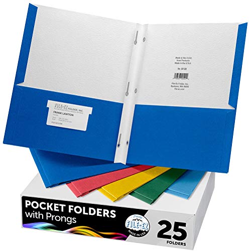 FILEEZ TwoPocket Folders with 3Prong Fasteners, Assorted Colors, 25