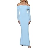 BORIFLORS Women's Elegant Off The Shoulder Bodycon Long Sleeve Maxi Dress Mesh Cocktail Party Wedding Guest Formal Dresses