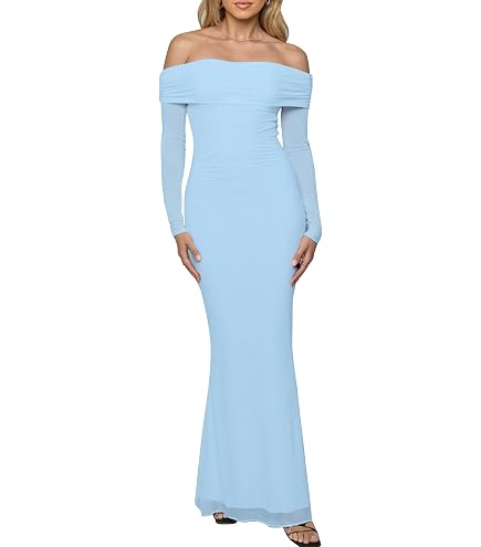 URYIAO Women Off The Shoulder Long Sleeve Maxi Dress Ruched Bodycon Winter Formal Wedding Guest Dresses XS Black : Clothing, Shoes & Jewelry