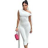 Elainone Capri Sets Women 2 Piece Outfits Sexy One Shoulder Sleeveless Crop Tops Bodycon Pant Sets