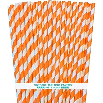 Stripe Paper Straws - Orange White - 7.75 Inches - Pack of 100 - Outside the Box Papers Brand