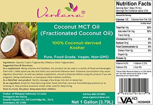 Verdana Coconut MCT Oil - Fractionated Coconut Oil - 1 Gallon - Kosher Food Grade - Genuine 100% from Coconut - Only C8 & C10 - for Keto, Paleo, Sports Nutrition, Aromatherapy, Massage, Tinctures
