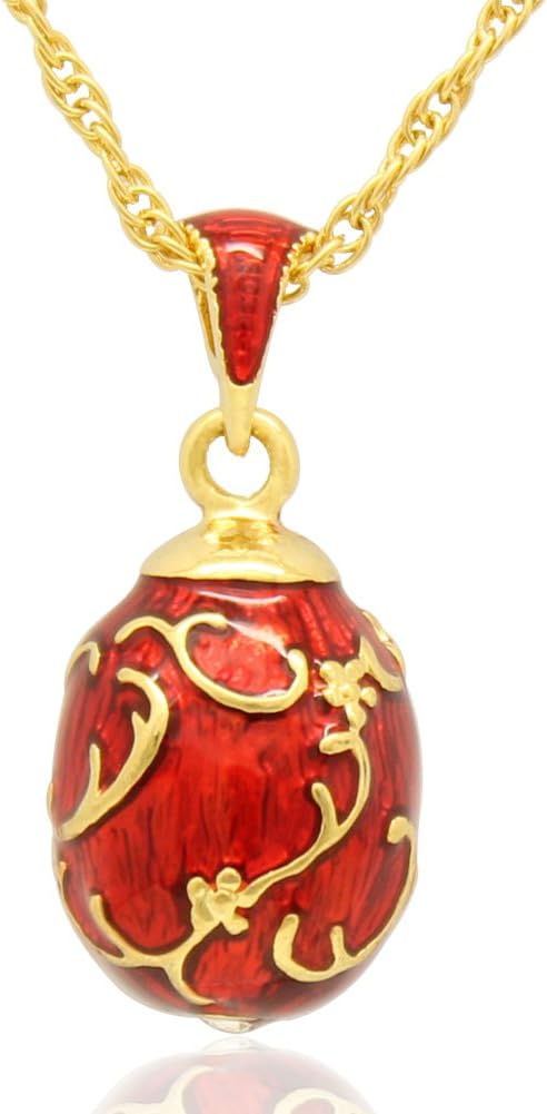 MYD Jewellery Hand Enameled Flower Floral Russian Fabergé Style Egg Pendant Necklace with Chain