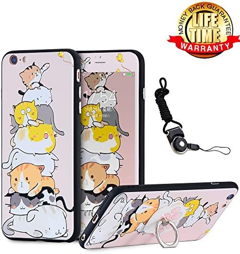 iPhone 7 Case, iPhone 8 Case Screen Protector Tempered Glass Film with Holder Ring Kickstand, 360 Full Body Nice Thin Hard Cartoon Cat Kitty Cover Lanyard Shell Skin for iPhone 7/8 4.7"