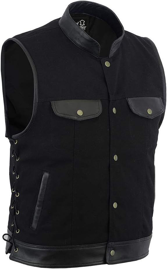 Men SOA Biker side lace leather trim denim waistcoat vest UK Stock free shipment, black, Medium