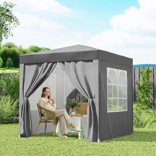Outsunny 6.6'x6.6' Pop Up Canopy Tent with Sidewalls, Instant Sun Shelter Camping Gazebo with Carry Bag, for Outdoor, Garden, Patio, Grey