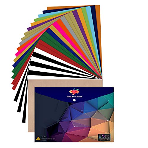 JANDJPACKAGING Heat Transfer Vinyl HTV Bundle 10"x12" - 25 Pack Assorted Colors HTV Vinyl, Iron On Vinyl for Cricut & Silhouette Cameo, Bonus Teflon for Heat Press Machine