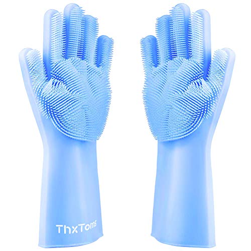 ThxToms Reusable Silicone Dishwashing Gloves, Pair of Rubber Scrubbing Gloves for Dishes, Wash Cleaning Gloves with Sponge Scrubbers for Kitchen, Bathroom and Car (Blue)