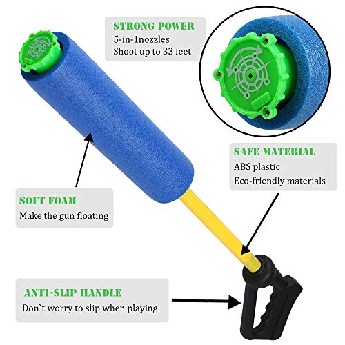 Klobroz Water Blaster Soaker Gun - 2 Pack 5 in 1 Nozzles Foam Water Gun Toys for Boys Girls and Adults - Outdoor Swimming Pool Beach Yard and Park Water Fighting Game Bubble Making Wand Included
