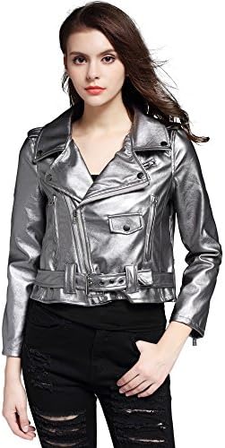 LIENZY Women 's Slim PU Leather Jacket Zipper Oblique Zipper Casual Pu Jacket Punk Styl (Medium)