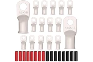 JOYPXF Heavy Duty Tinned Copper Wire Lugs with Studs (1/0 AWG, 3/8" & 5/16"), Heat Shrink Tubing, Battery Cable Ends, Bare Copper Eyelets