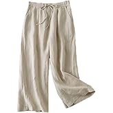 FTCayanz Women's Linen Cropped Wide Leg Pants Elastic Waist Casual Palazzo Trousers with Pockets