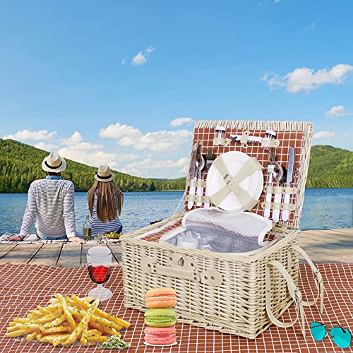 Willow Picnic Basket Set for 4 Person Wicker Hamper Sets with Picnic Blankets, Picnic Cutlery