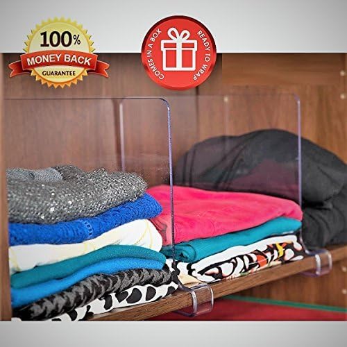 StorageAid ClosetMate Beautiful 6 Pack Acrylic Shelf Dividers - Unbreakable Crystal Clear Closet Shelves, Organizer Separators, Perfect for Closets Kitchen Bedroom Shelving Organization