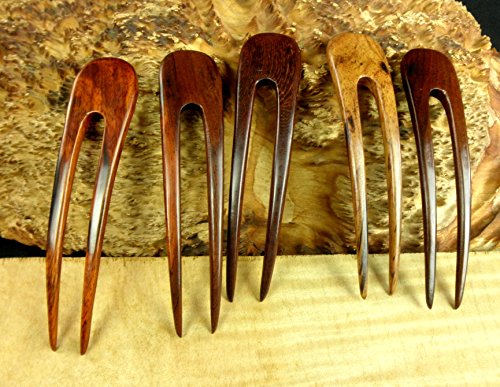 JWL (1) Laos Rosewood Two Prong Curved 5 Inch Hair Fork FPL 4 Inches Stick Pick Pic Pin Bun Holder - Hawaiian Style