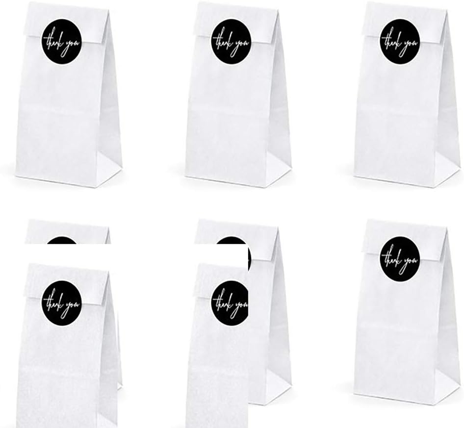 Wedding Favours Vintage Style Treat Bags White Kraft Paper Sweet Bags With Thank You Stickers 18cm x 8cm x 6cm (Pack of 6)