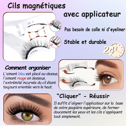 Faux Cils Magnetique 3 paires Aimanté sans colle Cils Magnetique Naturel 3d Waterproof Effet sans Eye-Liner Réutilisables, Facile à utiliser,avec Applicateur