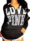 HANA+DORA Womens Printed V-neck Hooded Sweatshirt Black S