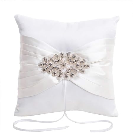 White Elegant Wedding Ring Pillow Bling Rhinestone And String Of
