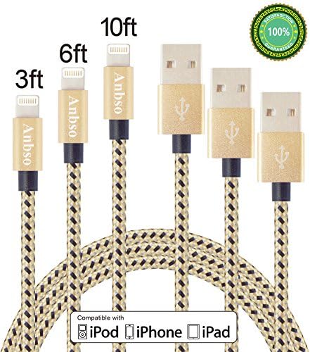 Anbso 3 Pack 3FT 6FT 10FT iPhone Lightning Cable USB Charging and Data Transfer Cable Cord for phone 6s, 6s plus, 6plus, 6,5s 5c 5,iPad Mini, Air,iPad5,iPod. Compatible with iOS9. (gold &amp; black)