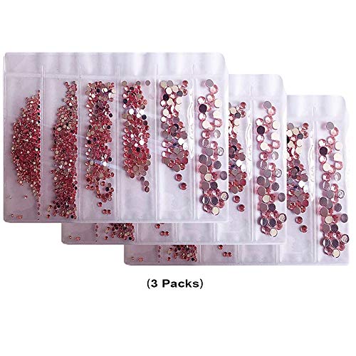 (4500+PCS 3 Pack) Rhinestones for Craft,AKWOX Crystals AB Nail Art Rhinestones Round Beads Flatback Glass Charms Gems Stones for DIY Makeup Clothes Shoes 6 Sizes (2-5 mm)(Pink)