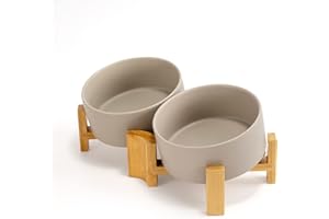 SPUNKYJUNKY 15° Slanted Ceramic Dog and Cat Bowl with Wooden Stand, Tilted Bulldog Food and Water Bowl No Slip Non-Spill for Cats Medium Dogs Big Face Pets 28.7 OZ (3.6 Cups, Grey × 2)