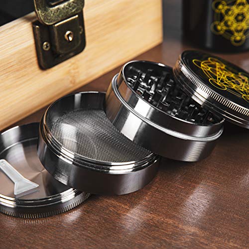 Stash Box Combo - Locking Wooden Box with Grinder, Rolling Tray, Smell Proof Glass Jar - Bamboo Box with Lock Accessories Kit - Metatron's Cube Design