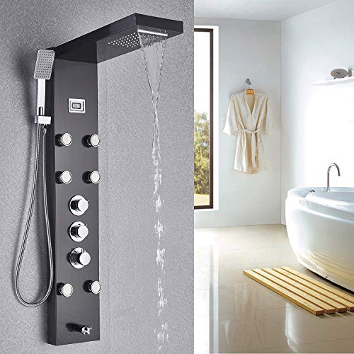 Rozin Thermostatic Rain Waterfall Shower Panel Set Tub Spout + Massage Body Jets + Handheld Spray Ti-Black Finish
