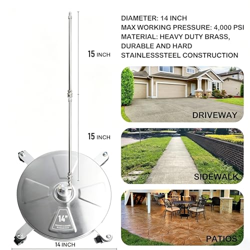 Hourleey 14" Pressure Washer Surface Cleaner, Stainless Steel Surface Cleaner with 4 Wheels for Concrete, Patio, Sidewalk, Deck, Pathway 1/4" Quick Connector, 2 Extension Wand, 4000 PSI