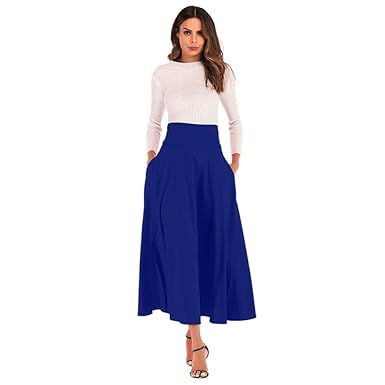 MCYs Damen Vintage Elastisch Hohe Taille Gefaltete Frankiert A-Linie Lange Maxi Rock Kleid mit Taschen Vorne Schlitz Gürtel M