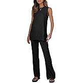 Tankaneo Two Pieces Outfits Sleeveless Top Knit Sets Trendy Lounge Long Pajamas Set